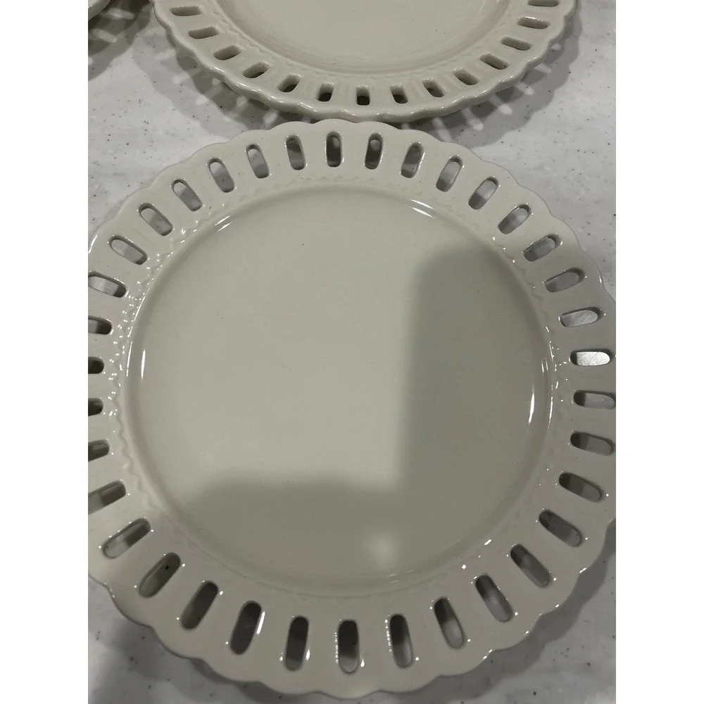 4 Portmeirion Studio Valerie White Dinner Plates Reticulated Rim Lace Lattice